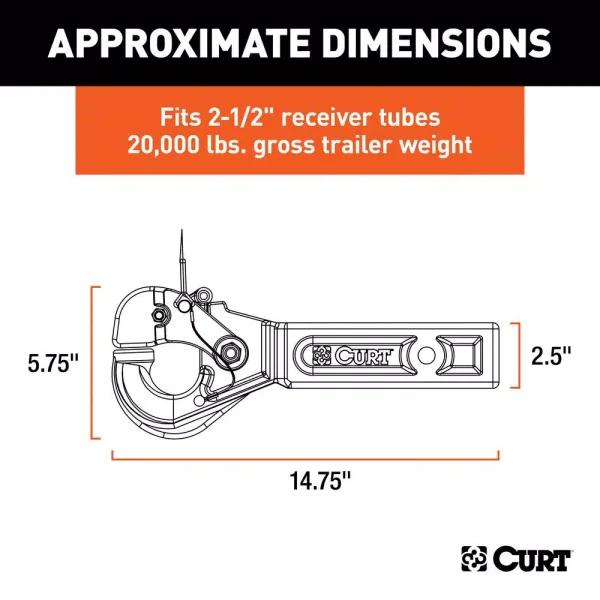 CURT Receiver-Mount Pintle Hook, 2-1/2" Shank, 20,000 lbs. Capacity, 2-1/2" Lunette Eyes