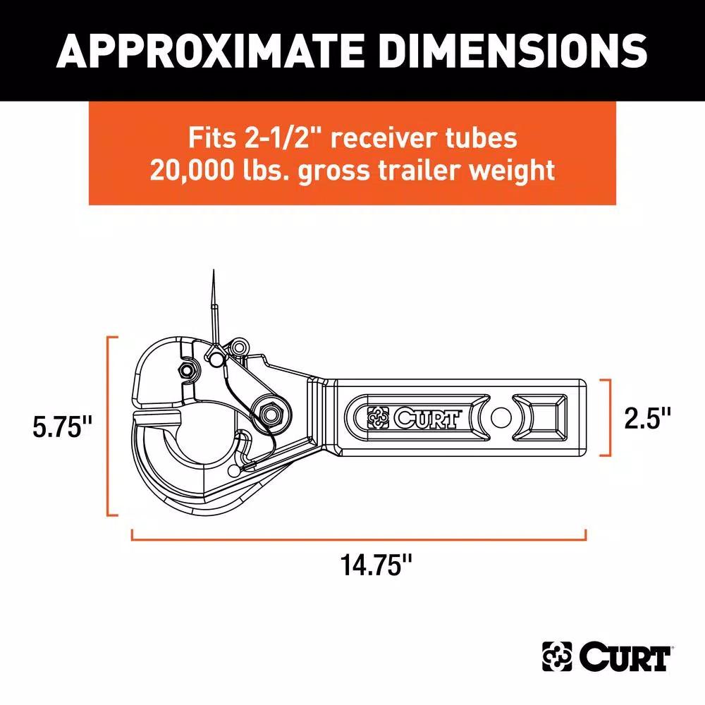 CURT Receiver-Mount Pintle Hook, 2-1/2" Shank, 20,000 lbs. Capacity, 2-1/2" Lunette Eyes