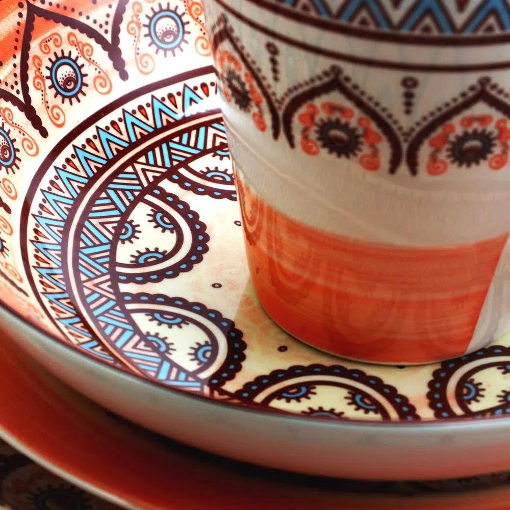 Elama Zen Rust Mozaik 16-Piece Stoneware Dinnerware Set, Service for 4, Orange Bohemian Style