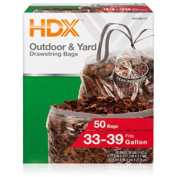 HDX 39 Gallon Clear Flex Drawstring Trash Bags, 1.1 Mil, 50-Count