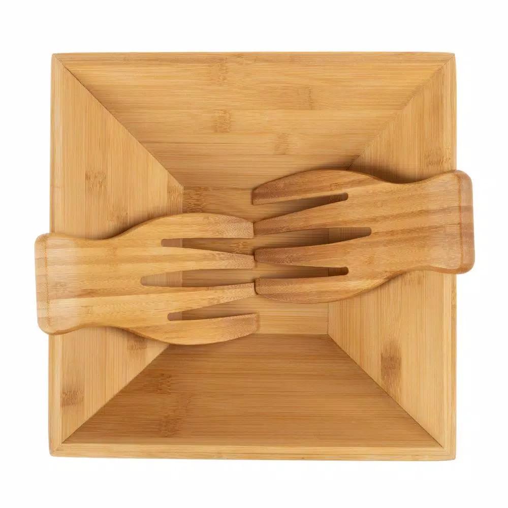 Classic Cuisine 11 in. Square Bamboo Salad Bowl Set with Two Utensils