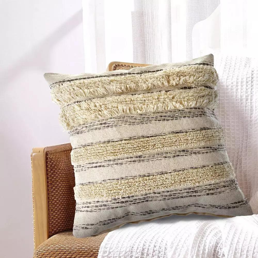 LR Resources Zanthia Cream, Gray & Gold Striped Cotton Throw Pillow - 20 x 20 in.