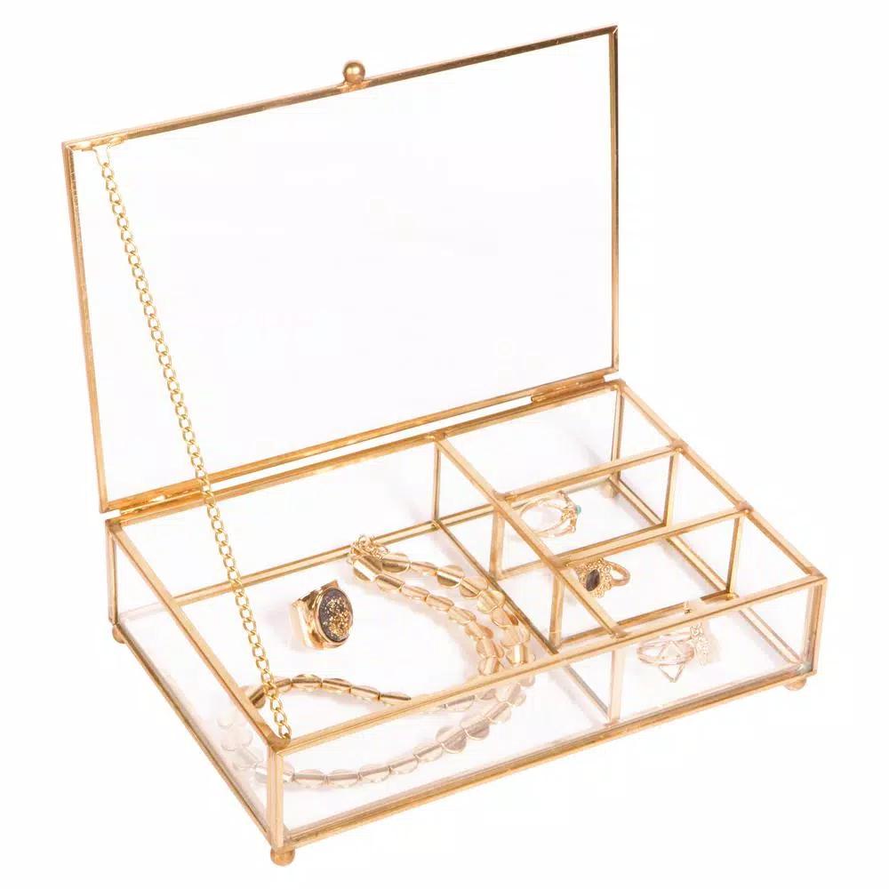 Home Details Vintage 4-Compartment Gold Glass Keepsake Box