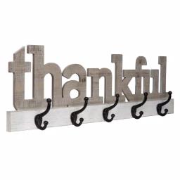 Pinnacle Rustic Thankful Gray Wood Decorative Wall Sign with 4 Metal Hooks thumbnail 3