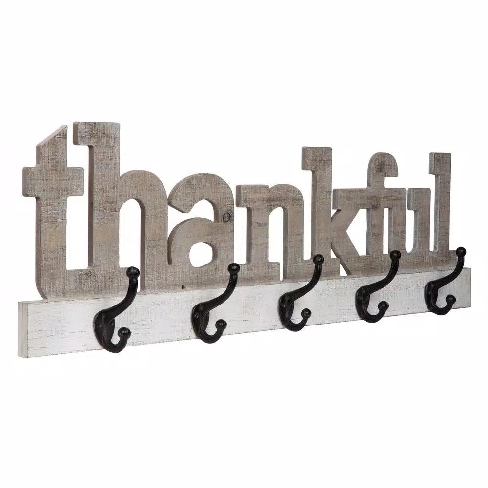 Pinnacle Rustic Thankful Gray Wood Decorative Wall Sign with 4 Metal Hooks