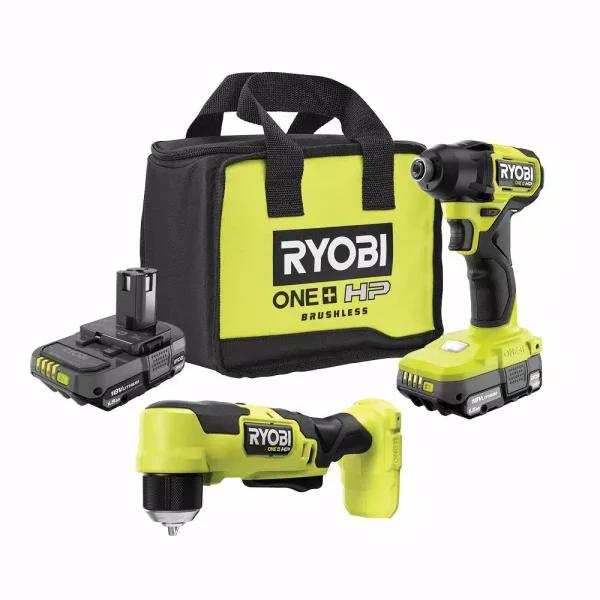 RYOBI ONE+ HP 18V Brushless Compact Impact Driver and Right Angle Drill Combo Kit with (2) 1.5 Ah Batteries