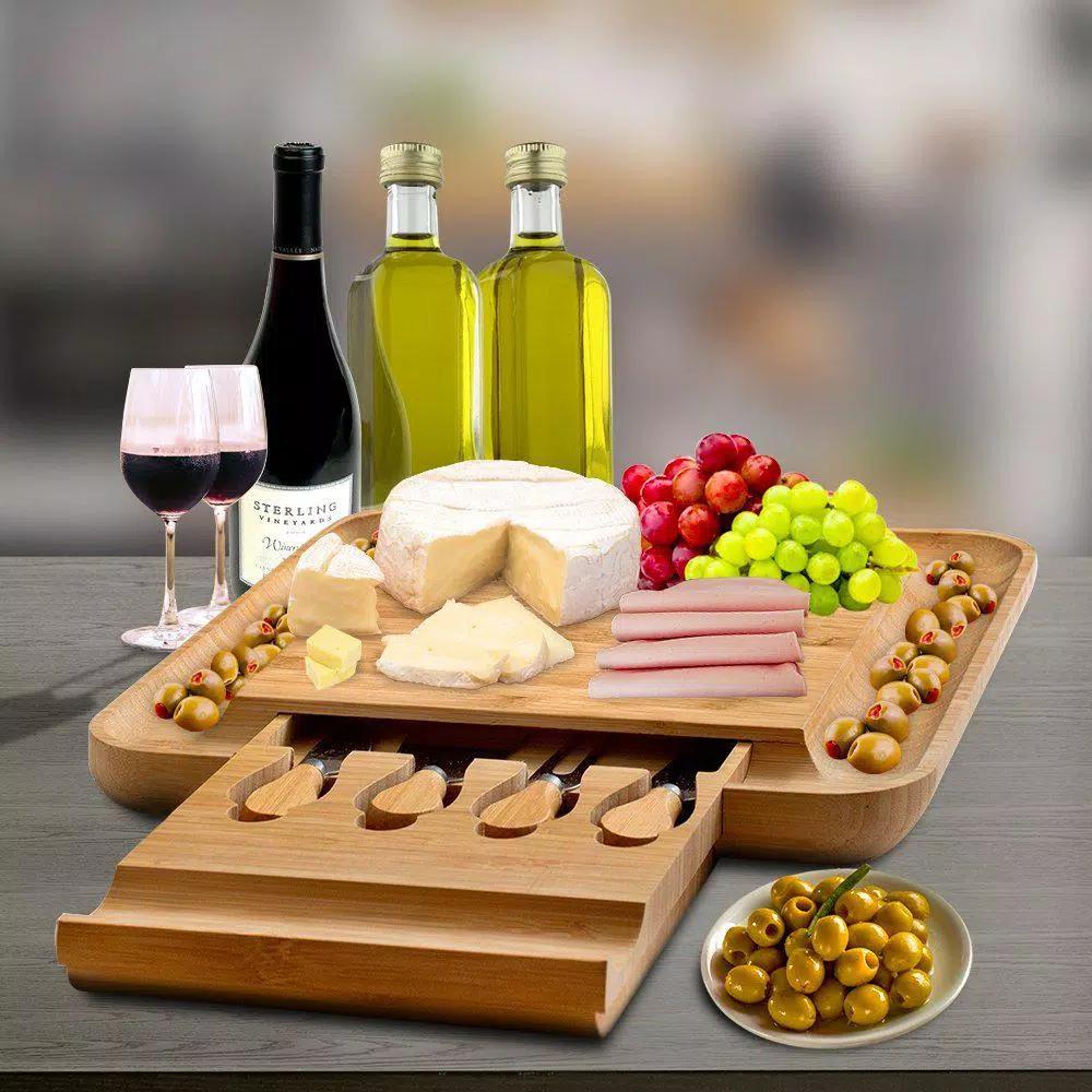 Bambusi Bambsi 100% Natural Bamboo Cheese Board & Cutlery Set with Slide-Out Drawer