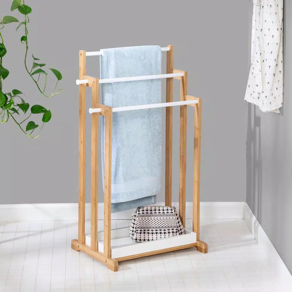 Honey-Can-Do 3-Tier Bamboo and White Freestanding Bathroom Towel Rack