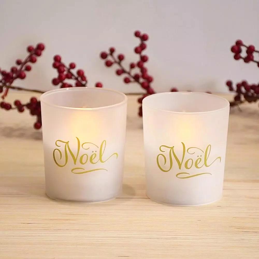 LUMABASE Noel Glass LED Battery Operated Candles with Timer, Gold, Set of 2
