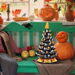 Costway 15 in. Black Ceramic Hand-Painted Halloween Tree with LED Lights and Pumpkin Top thumbnail 11