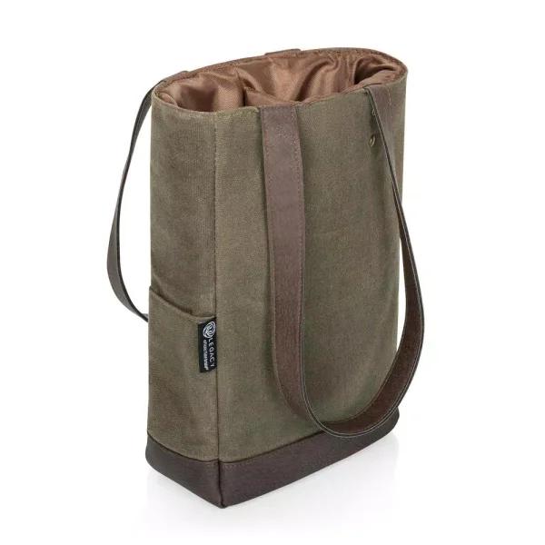 Picnic Time Khaki Green Waxed Canvas 2-Bottle Insulated Wine and Cheese Tote Bag