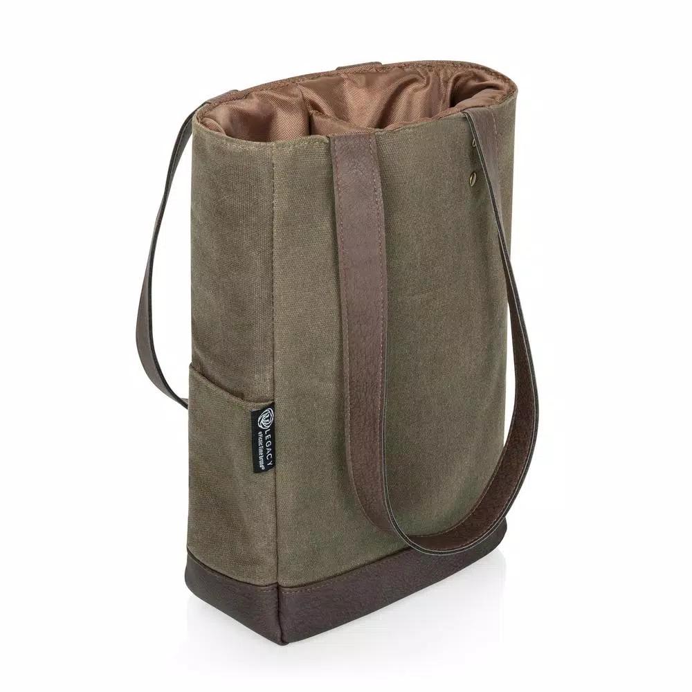 Picnic Time Khaki Green Waxed Canvas 2-Bottle Insulated Wine and Cheese Tote Bag