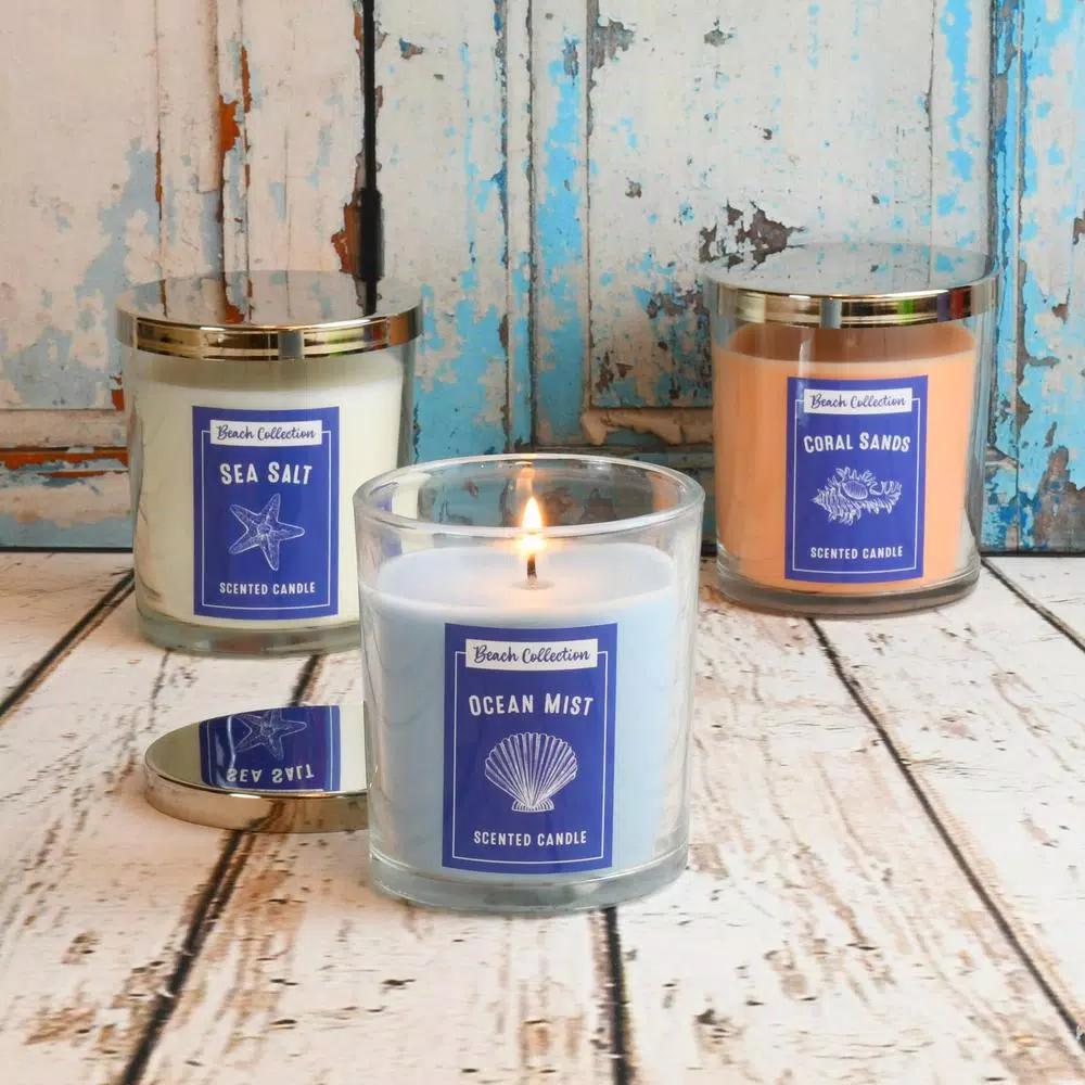 LUMABASE Beach Collection Scented Candles Set of 3 - Ocean Mist, Sea Salt, Coral Sands (10 oz. Each)