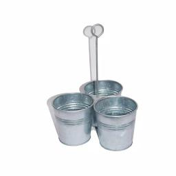 Benzara Galvanized Steel Gray Cutlery Holder with 3 Buckets and Ring Handle thumbnail 1