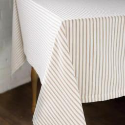 Heritage Lace Tan and White Striped Cotton Ticking Tablecloth - Farmhouse Style thumbnail 1