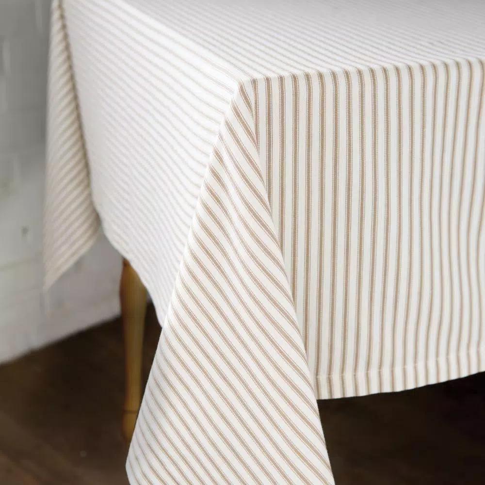 Heritage Lace Tan and White Striped Cotton Ticking Tablecloth - Farmhouse Style
