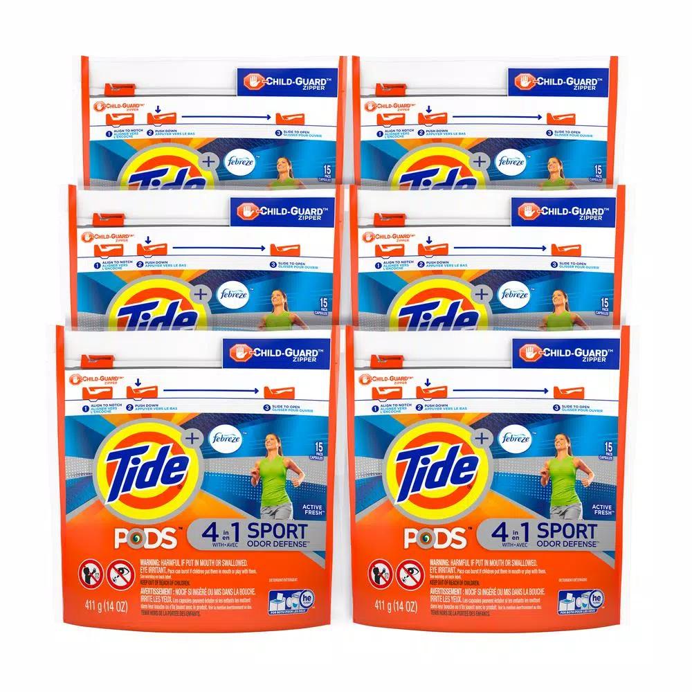Tide PODS Plus Febreze Sport Odor Defense Laundry Detergent Pods, Active Fresh, 15-Count, 6-Pack