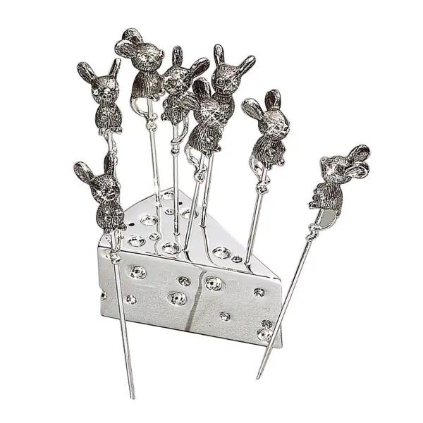 Heim Concept 8-Piece Silver Plated Metal Mouse Cheese Picks with Crystal Accents