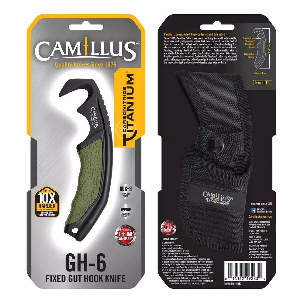 Camillus GH-6 Gut Hook Fixed Blade Knife with Carbonitride Titanium Coating and Sheath