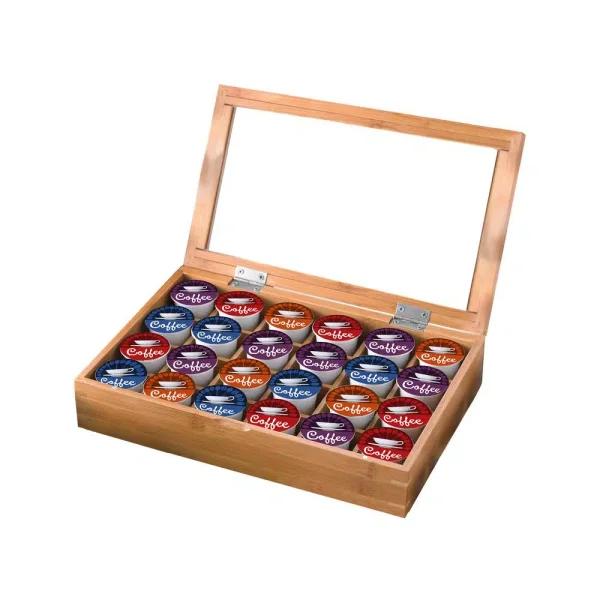 Creative Home Natural Bamboo Single Serve Coffee Pod Holder with Acrylic Cover, Holds 24 Pods