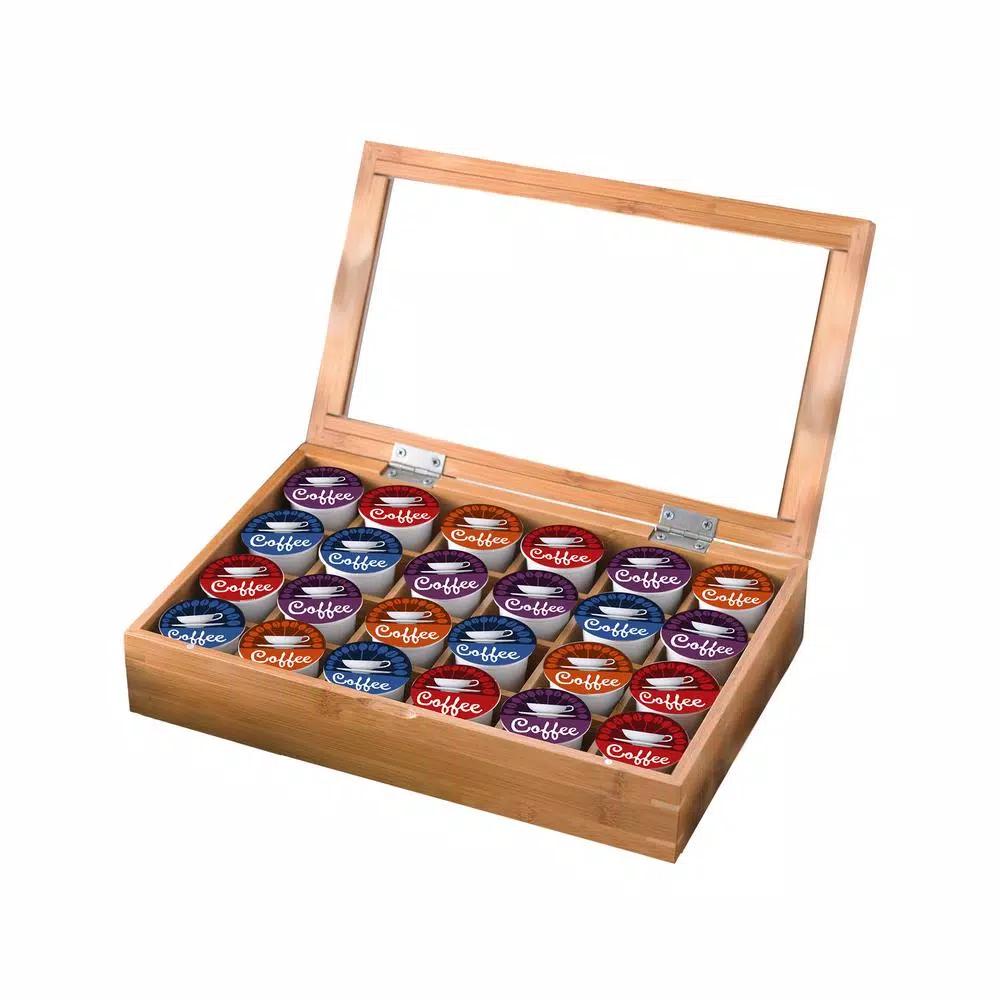 Creative Home Natural Bamboo Single Serve Coffee Pod Holder with Acrylic Cover, Holds 24 Pods