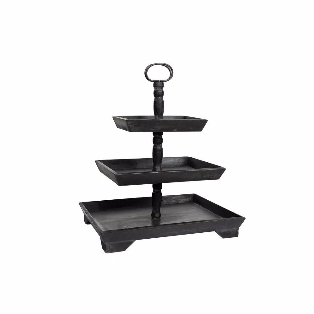 3R Studios Black Wood Three Tier Decorative Tray with Handles