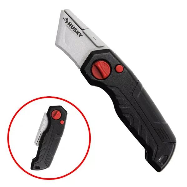 Husky Folding Utility Knife with Die-Cast Aluminum Handle and Carbon Steel Blades