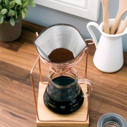 Old Dutch 20oz Stainless Steel Rose Gold Pour Over Coffee Maker Set with Glass Carafe and Rubberwood Base thumbnail 2