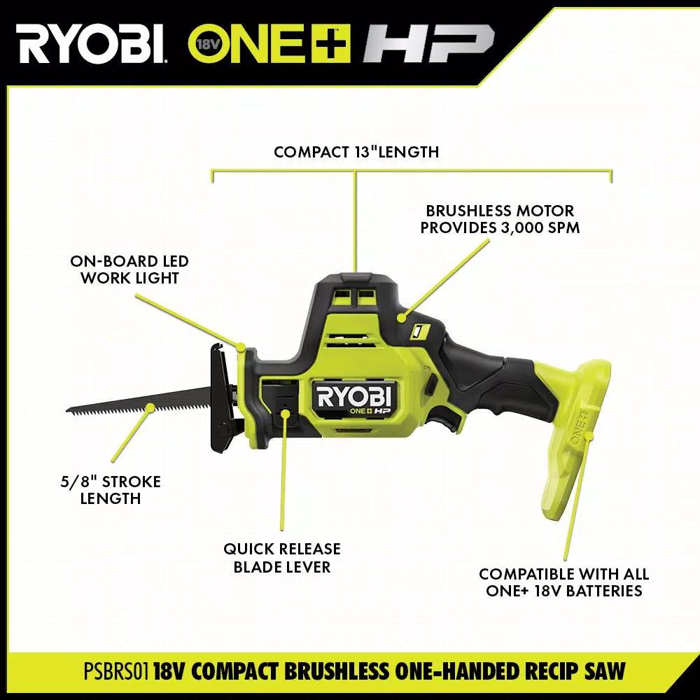 RYOBI ONE+ HP 18V Brushless Compact 2-Tool Combo Kit: One-Handed Reciprocating Saw & Cut-Off Tool