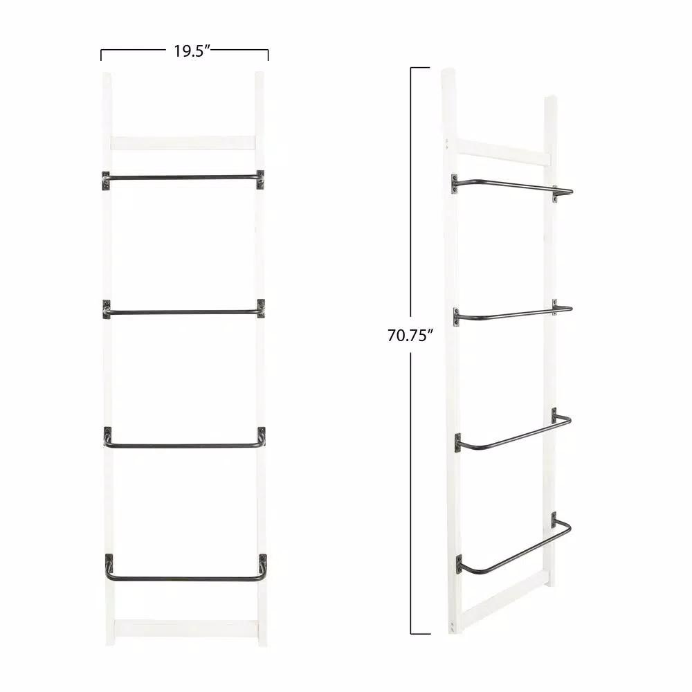 3R Studios 4-Bar Wall Mounted Towel Rack, Distressed Off-White Wood with Black Metal Bars