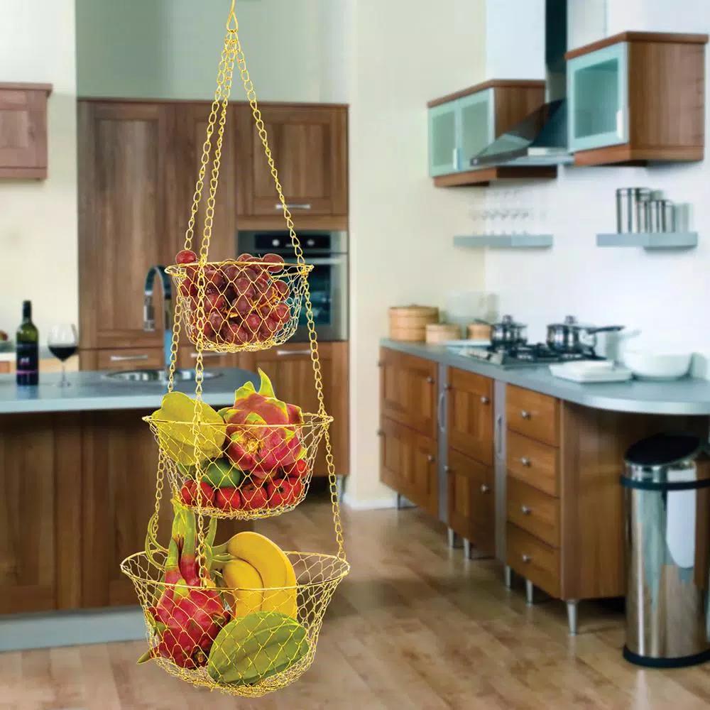 Fox Run Gold 3-Tier Hanging Fruit Basket - Iron Metal Wire Tiered Kitchen Organizer