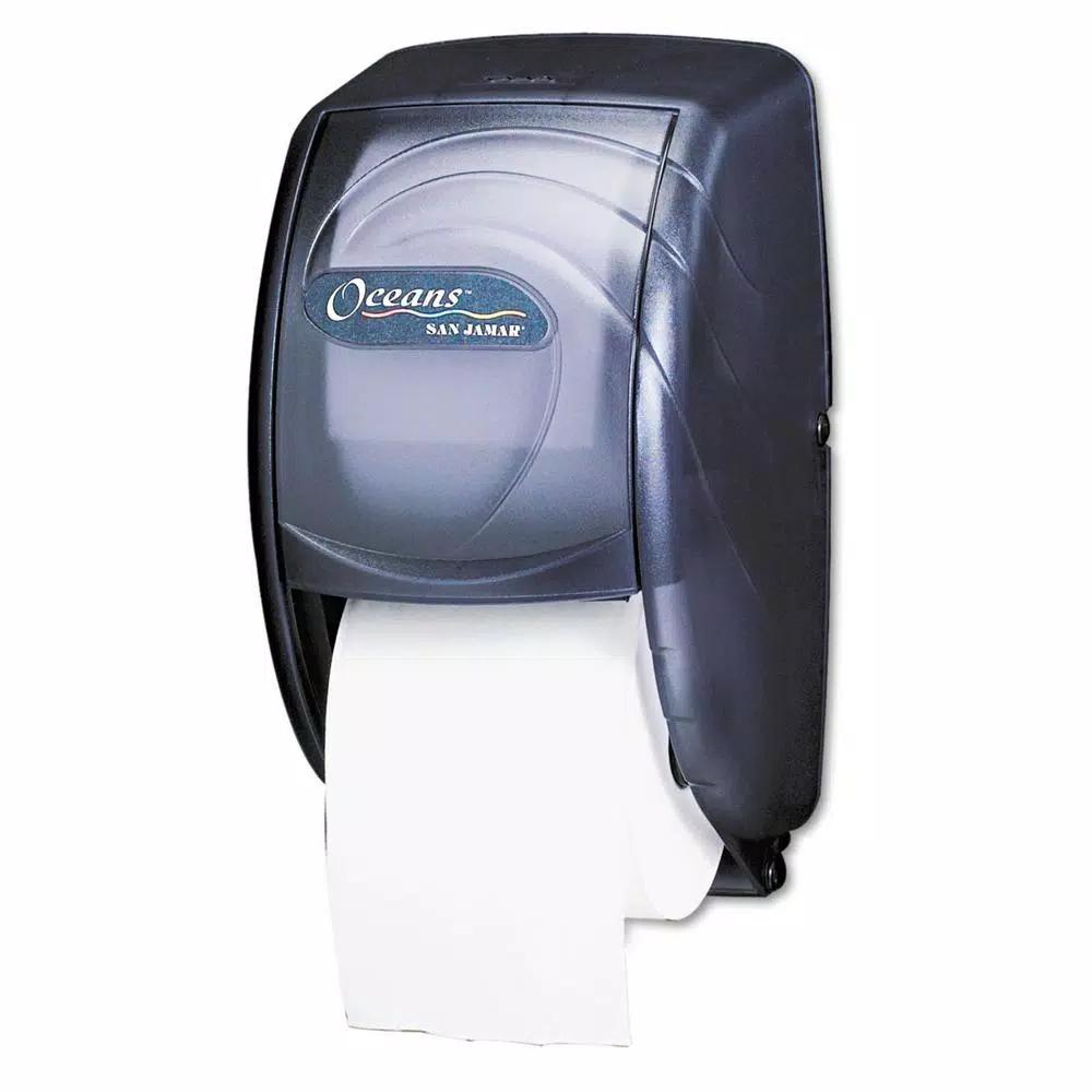 San Jamar Duett Standard Toilet Tissue Dispenser, Transparent Black Pearl
