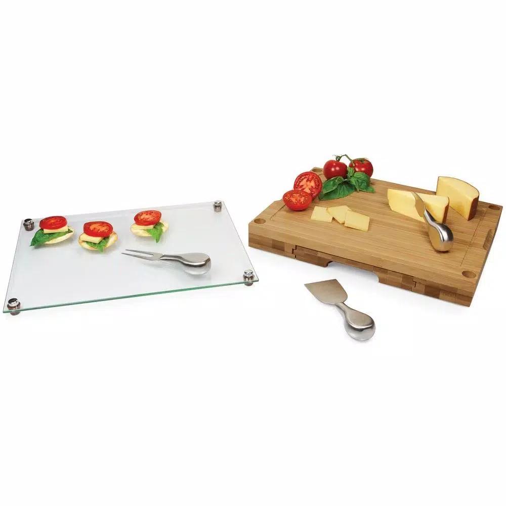 Legacy Concerto Bamboo Cutting Board and Cheese Tool Set with Tempered Glass Tray