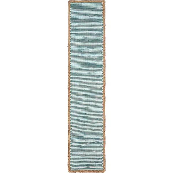 LR Home Blue and Cream Striped Cotton Table Runner with Jute Border, 16 x 80 in.