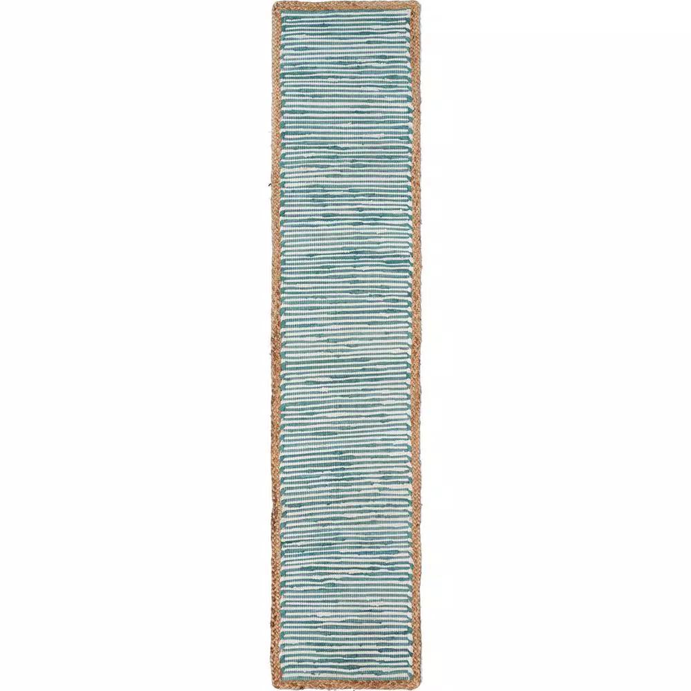 LR Home Blue and Cream Striped Cotton Table Runner with Jute Border, 16 x 80 in.