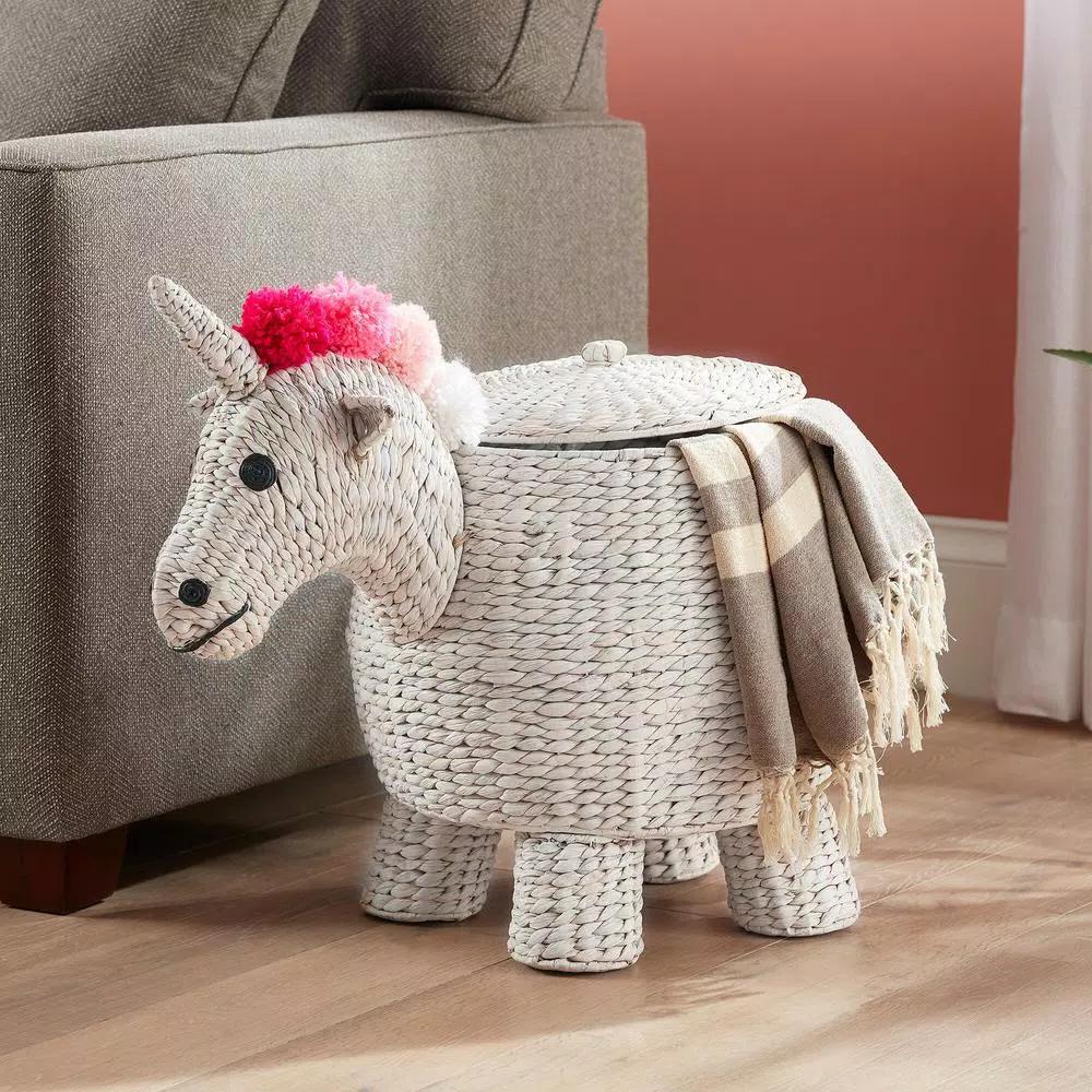 StyleWell White Unicorn Water Hyacinth Woven Decorative Basket with Lid