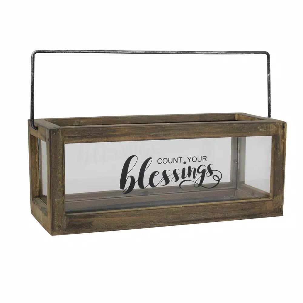 Stonebriar Collection Stonebriar Rustic Wood and Glass Votive Candle Holder with 'Count Your Blessings' Sentiment