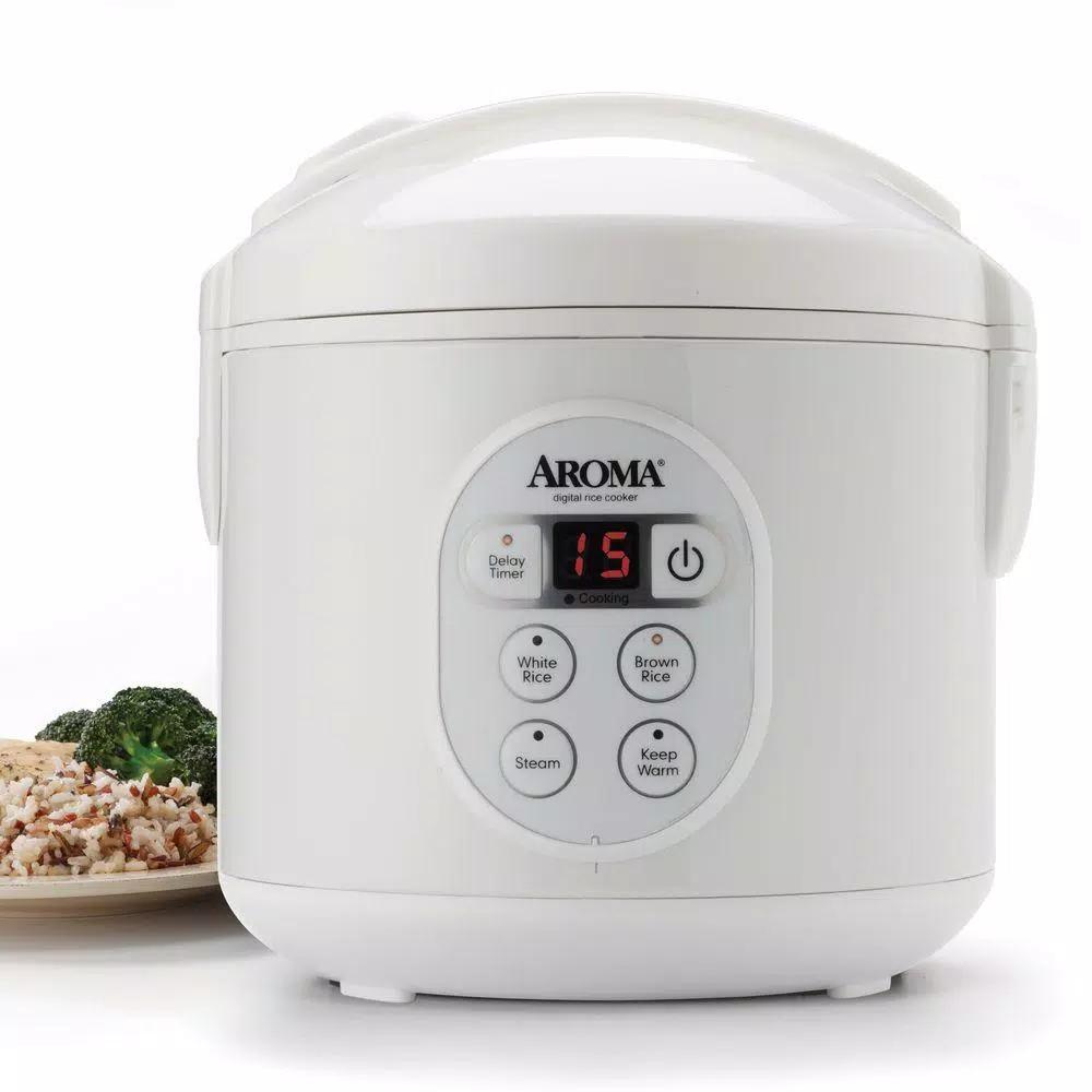 Aroma 8-Cup Digital Rice Cooker and Food Steamer, White with Black Control Panel