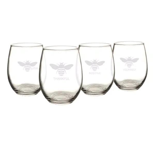 Cathy's Concepts Bee Thankful Stemless Wine Glasses, Set of 4, 21 oz. Hand-Blown Glassware