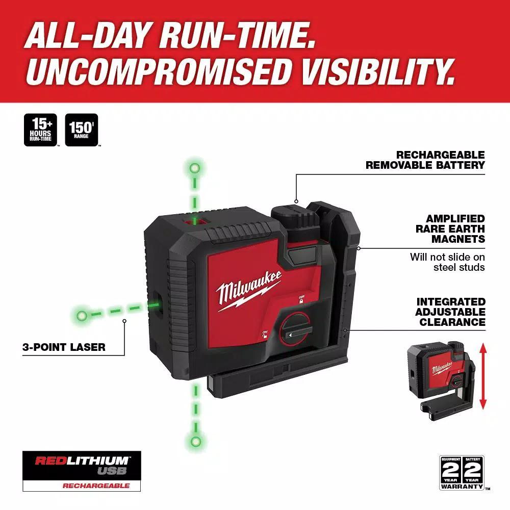 Milwaukee Green 3-Point Rechargeable Laser Level with REDLITHIUM USB Battery