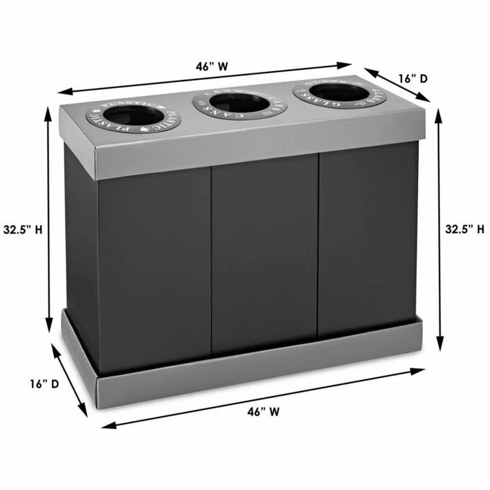 Alpine Industries 28 Gal. Black Corrugated Plastic 3-Compartment Indoor Trash and Recycling Bin