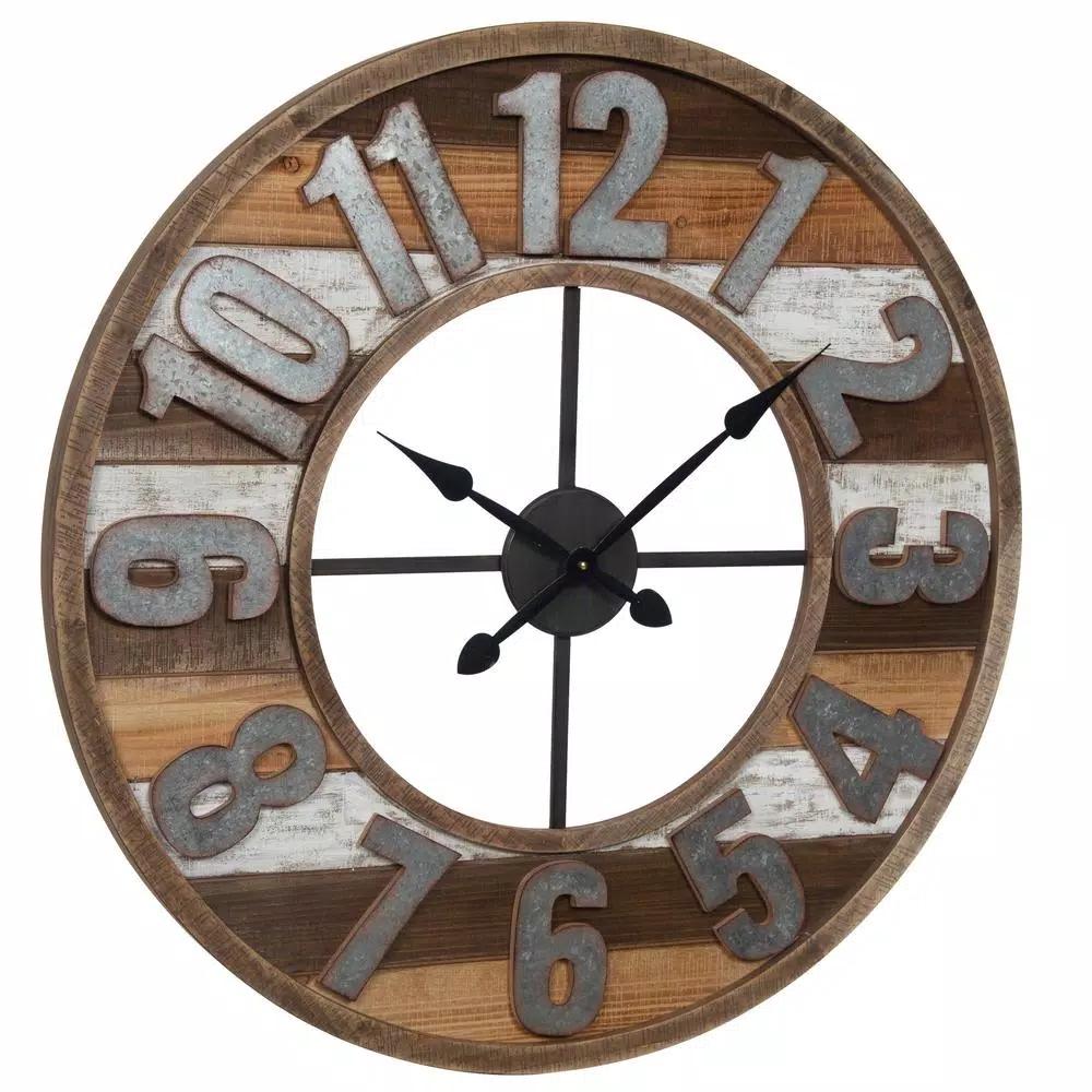 Pinnacle 33 in. Rustic Reclaimed Wood and Metal Round Wall Clock - Farmhouse Style