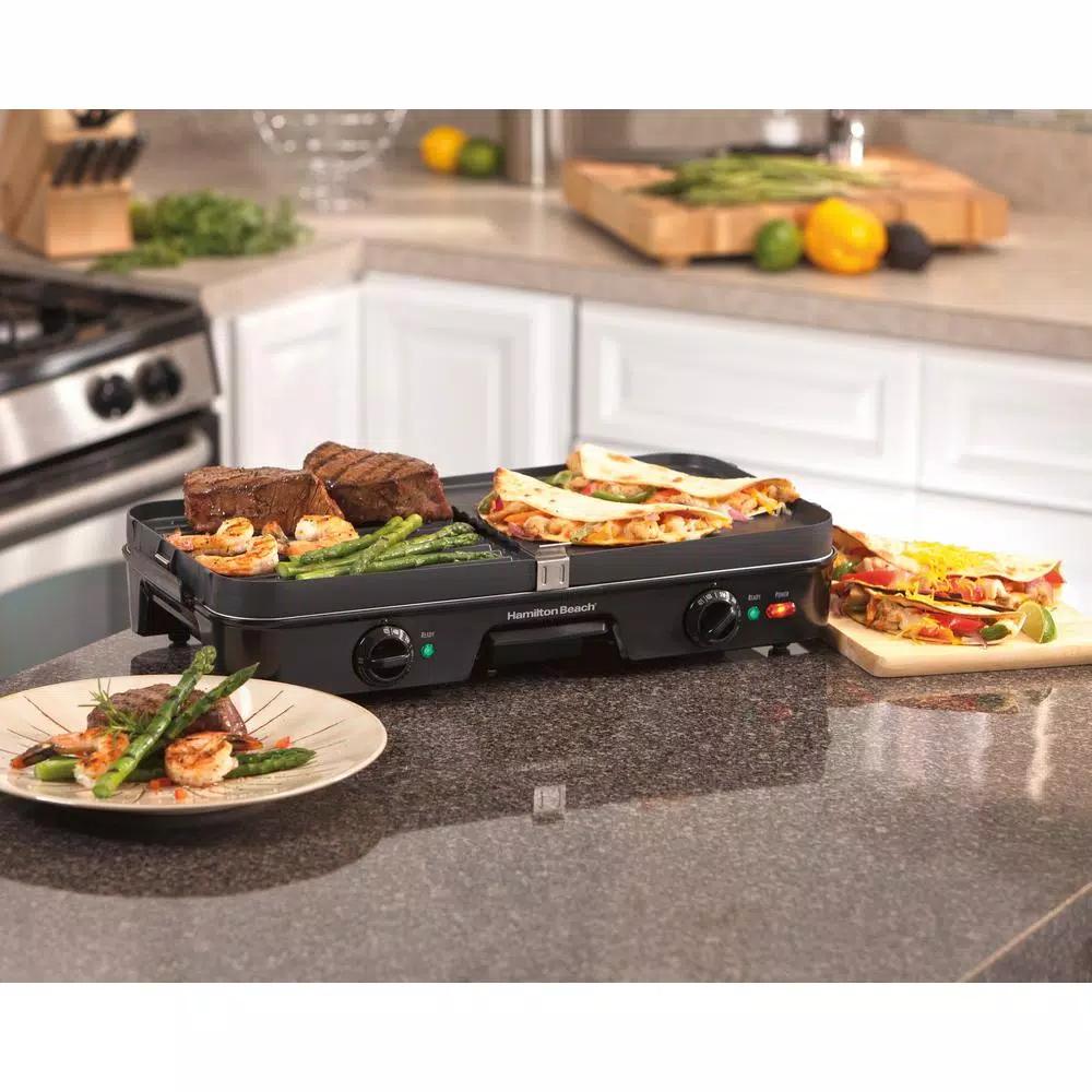 Hamilton Beach 3-in-1 Indoor Grill and Griddle, 180 sq. in. Nonstick Cooking Surface, Black