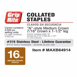 Grip-Rite 1-1/2 in. 16-Gauge 316 Stainless Steel Medium Crown Staples, 500-Pack thumbnail 3