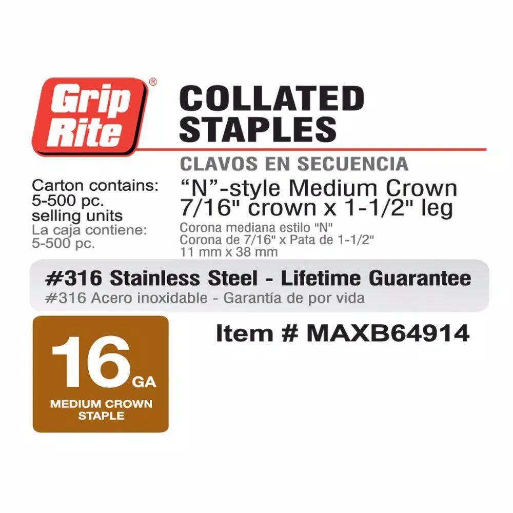 Grip-Rite 1-1/2 in. 16-Gauge 316 Stainless Steel Medium Crown Staples, 500-Pack