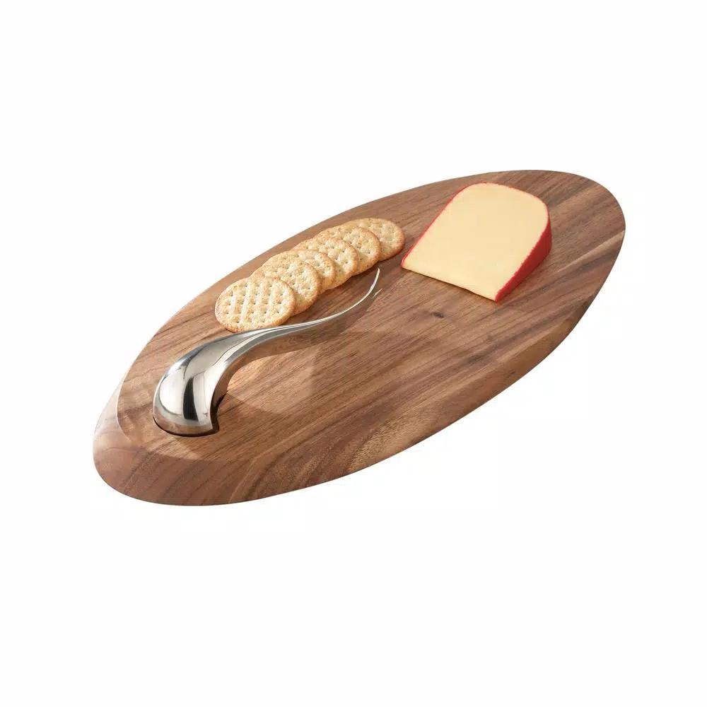 Nambe Swoop 21 in. Acacia Wood Cheese Board and Stainless Steel Knife Set
