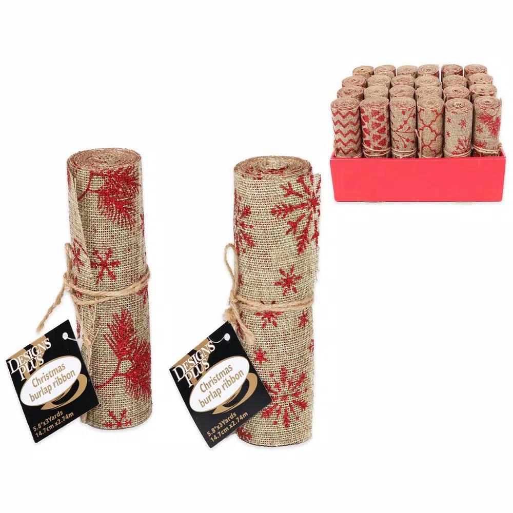 Unbranded Assorted Christmas Burlap Ribbon with Red Sparkle Designs, 5.8 in. x 9 ft., 24-Pack