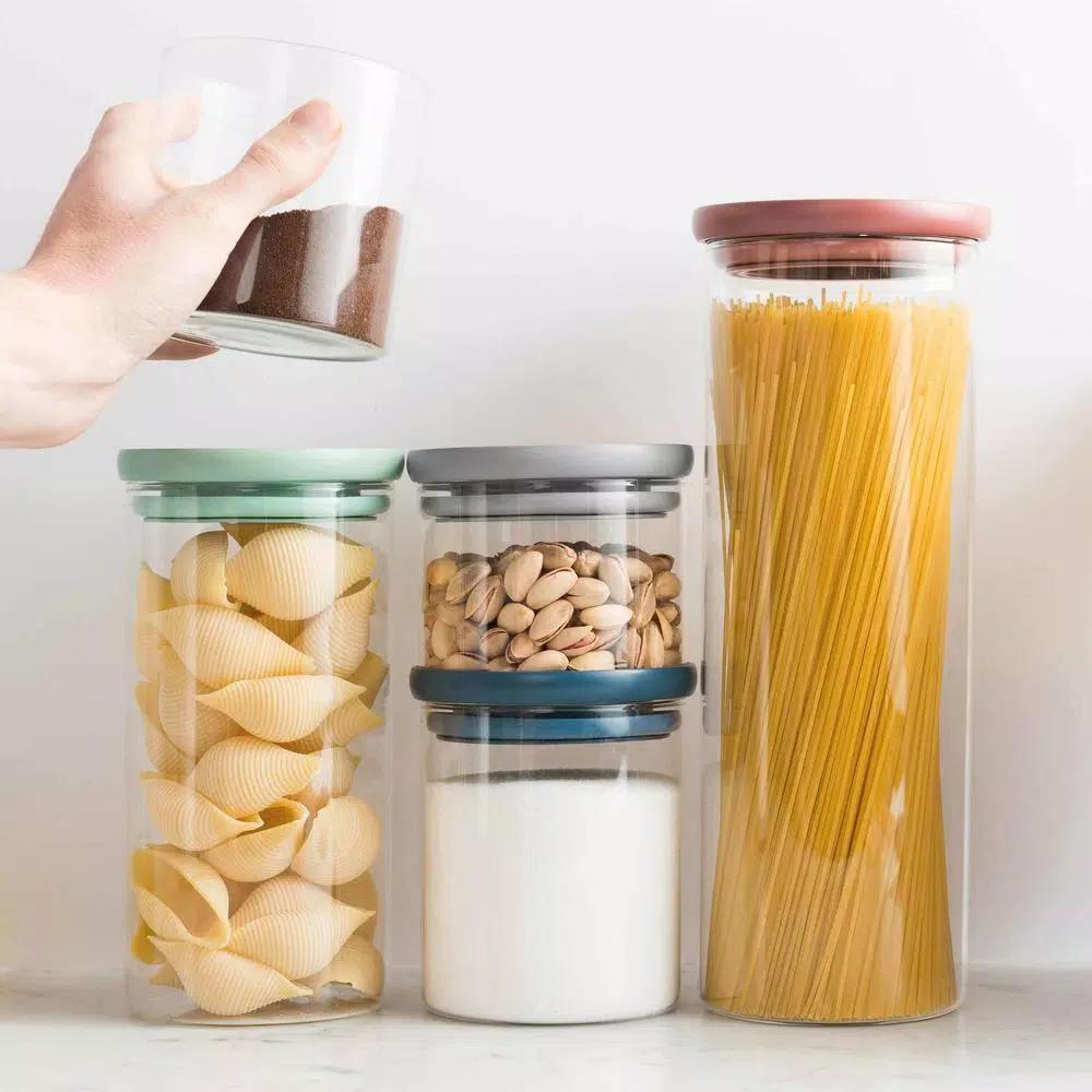 BergHOFF Leo Glass Covered Container Set with Scoop and Pasta Dispenser, 4-Piece Stackable Set