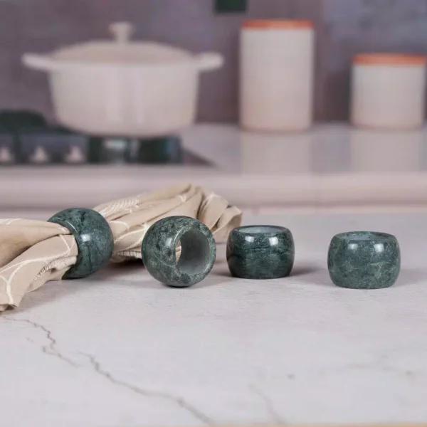 Creative Home Natural Green Marble Napkin Ring Holder Set, Set of 4 for Fine Dining and Weddings