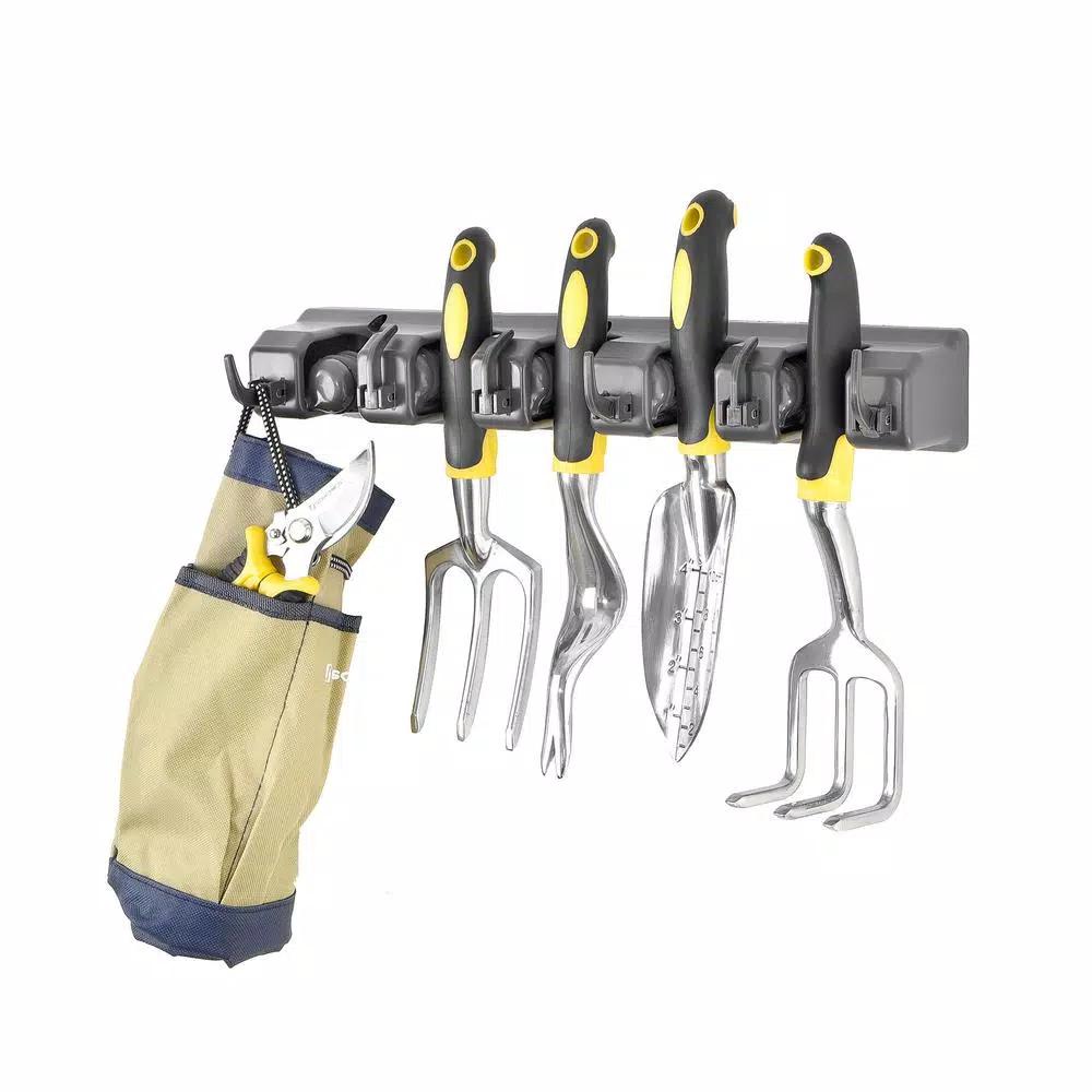Alpine Industries 16 in. Wall Mounted Mop and Broom Holder with 5 Slots and 6 Retractable Hooks